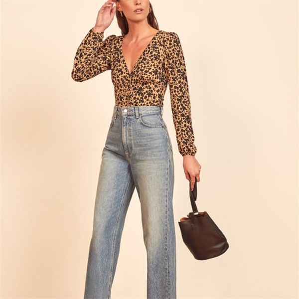 

summer women's casual leopard print v-neck long sleeve shirt 210430, White