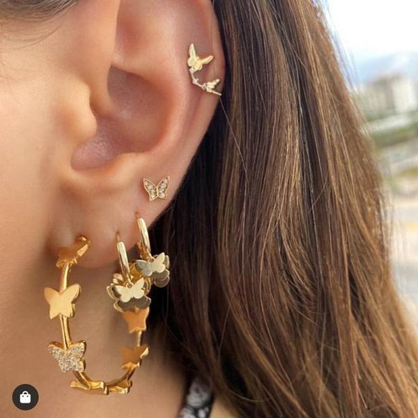 

hoop & huggie aesthetic butterfly earrings for women with shiny cz romantic bridal wedding dance party statement jewelry, Golden;silver