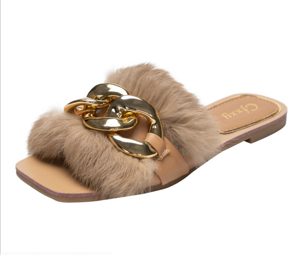 

slippers zapatos de mujer 2021 fashion metal decoratio furry women summer flat heel pu outside square toe slip-on casual, Black