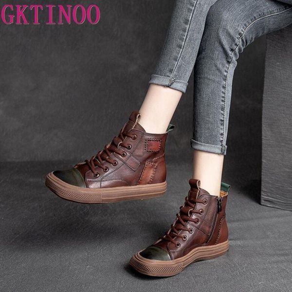 

boots gktinoo winter genuine leather ankle lace-up mixed colors handmade lady soft flat shoes comfortable side zip, Black