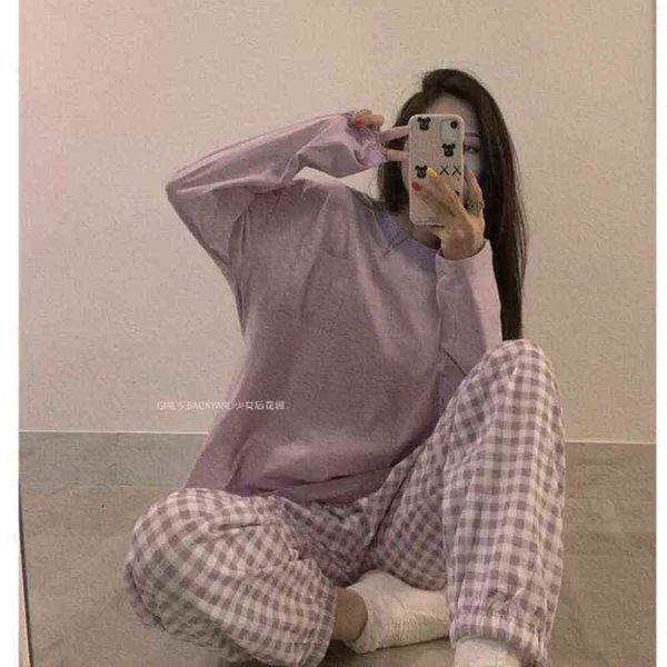 

pajamas for girls sleep + plaid pants home clothes women loungewear pijamas femme sleepwear korean style trouser suits 211109, Black;red