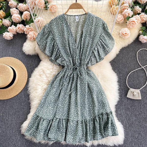 

women printing belt ruffles dress v-neck flying sleeve arrivals lady temperament fashion spring summer 11d556 210525, Black;gray