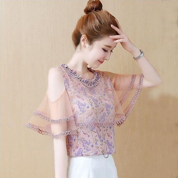 

women's blouses & shirts chiffon shirt short-sleeved summer 2021 fashion floral off-shoulder blouse sweet and foreign style all-match c, White