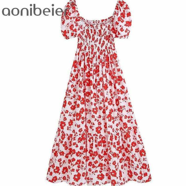 

red print square collar puff sleeve summer women long midi dress shirred body high waist female casual ruffles 210604, Black;gray