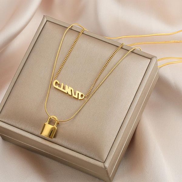 

pendant necklaces 316l stainless steel fashion fine jewelry vintage 2 layer lovers lock charms snake bone chain choker for women, Silver