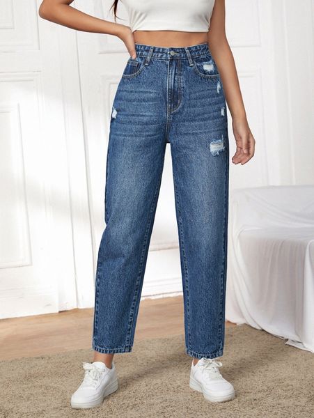 

high waist ripped tapered jeans m1il#, Blue