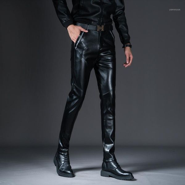 

men's stitching leather pants youth slim pu skinny trousers, Black