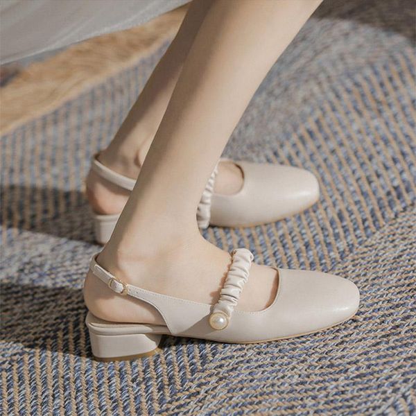 

sandals 2021 women pump slippers summer outdoor pearl square toe solid ladies shoes block heels buckle strap fashion, Black