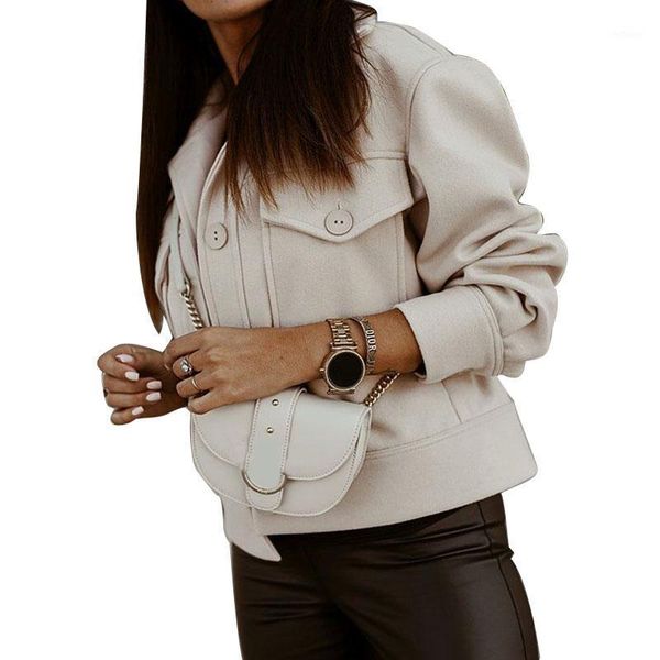 

women's wool & blends women woolen coat single-breasted trucker jacket fashion autumn winter short warm long sleeve cropped overcoat ou, Black