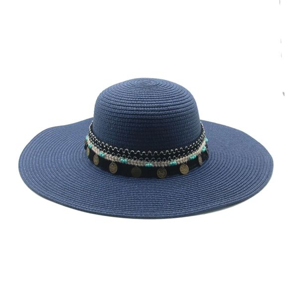 cappelli da donna a tesa larga 11 cm top rotondo blu navy nero bianco cappelli di paglia uomo donna casual all'aperto spiaggia protezione solare fascia cintura cappelli da sole