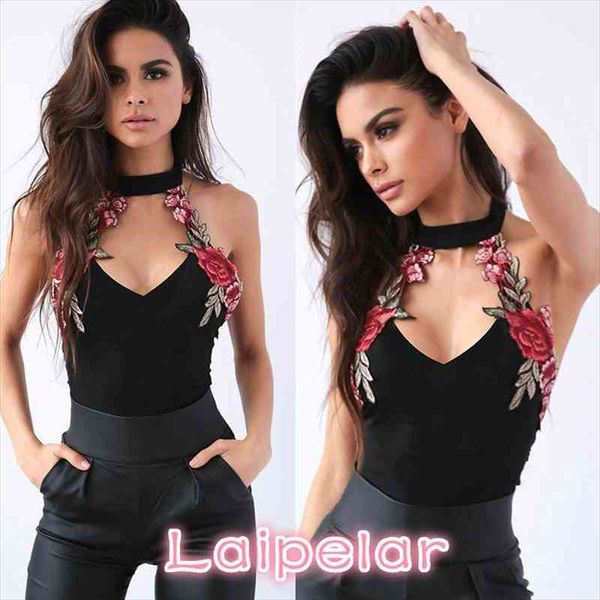 

bodysuits women floral embroidered lady choker v-neck party leotard bodysuit jumpsuits, Black;white