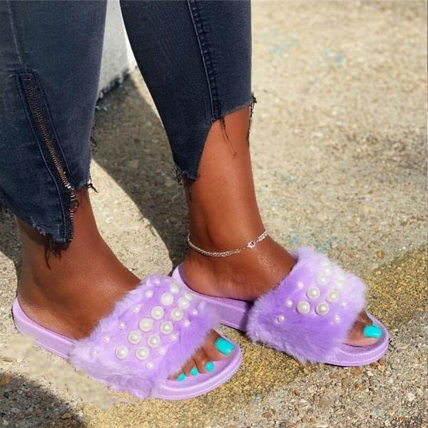 

sandals 2021 fur slippers women real slides home furry flat female cute fluffy house shoes woman, Black