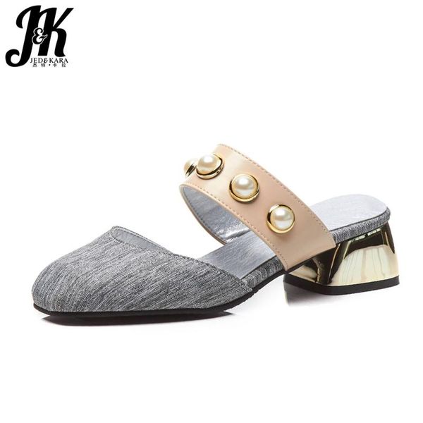 

slippers jk big size 48 summer thick heels women metal decoration female slides shoes fashion casual ladies mules, Black