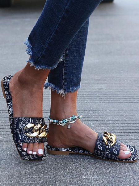 

sandals women print flat beach shoes metal decoration slippers, Black