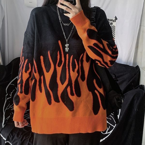 

pullover sweater knit women autumn winter harajuku flame knitting sweater casual printed loose boyfriend 69j 210420, White;black