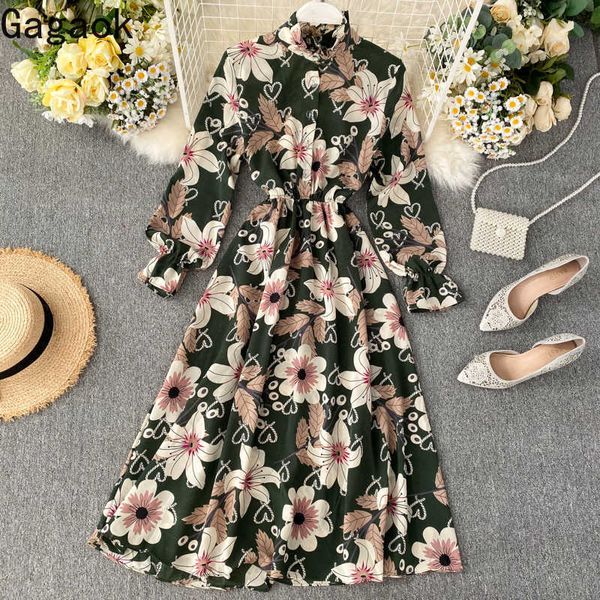 

women vintage dress early spring stand floral button puff sleeve empire a-line chic slim female fashion dresses 210531, Black;gray