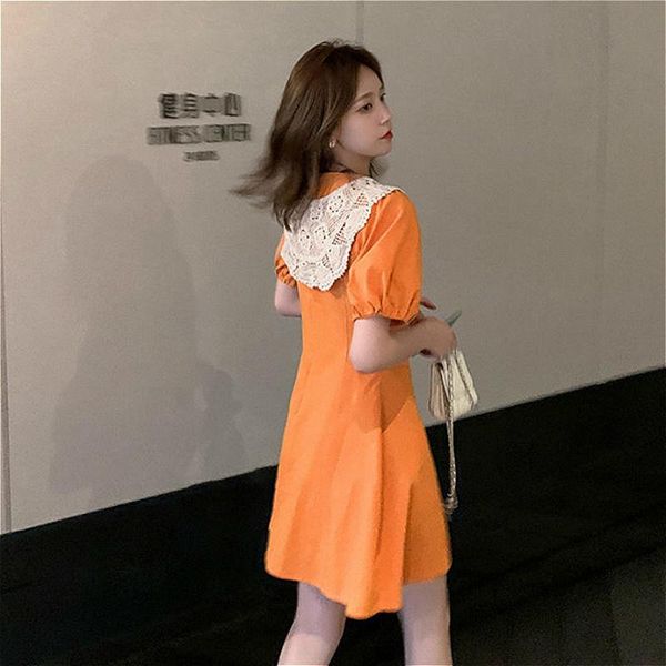 

casual dresses short puff sleeve dress women v-neck lace all-match orange black elegant n style fashion vintage lace-up harajuku mini, Black;gray