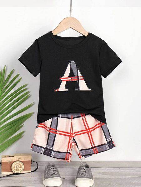 

toddler boys letter graphic tee & plaid print shorts she, White