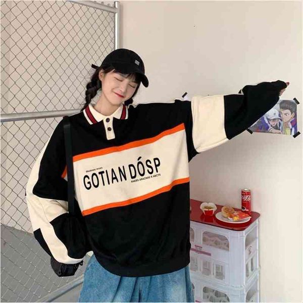 

print vintage long sleeve sweatshirt polo neck spring clothes for women harajuku letter female pullovers casual chic, Black