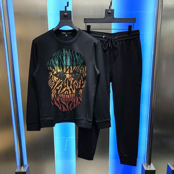 

men's tracksuits winter male tracksuit cotton sets sportswear loose drill skull hoodie + pants 2-piece warm track suit, Gray