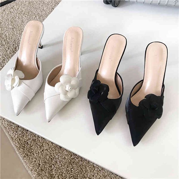 

sandals fashion women slippers pointed toe thin high heels slip on mules flower design casual summer dress shoes woman size 35-39 pumps 8ara, Black