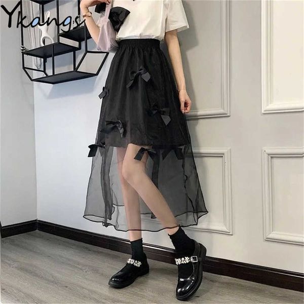

sweet bow elastic high waist mesh midi tulle skirt women summer student fairy a-line skirt black white kawaii saia for girl 210619