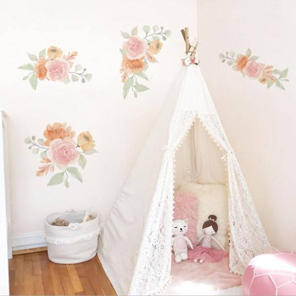 Adesivos de parede rosa peônia flores para quarto sala de estar decoração mural decalques em casa aquarela mão desenhada adesivo papel de parede