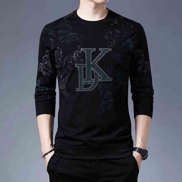 

men's t-shirts men's long sleeve t-shirt casual men's spring and autumn loose bottomed shirt fashion brand printed round neck, White;black