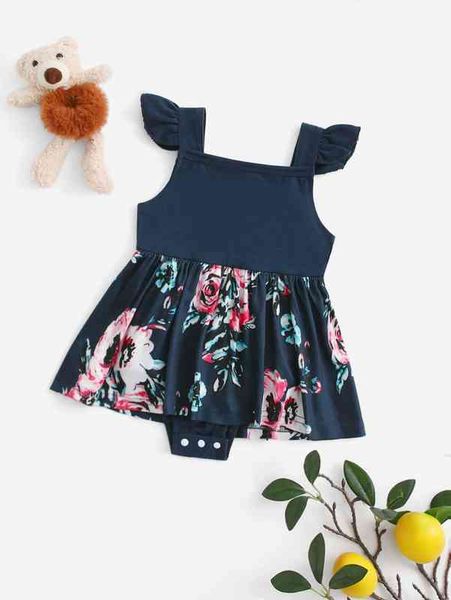 

baby 1pc floral print ruffle trim combo bodysuit dress she, Red;yellow