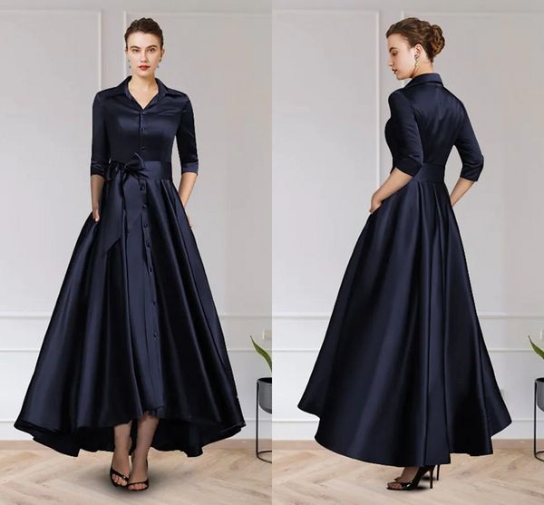 

elegant dark navy high low party prom dress v-neck asymmetrical satin half sleeve evening formal gown sash 2022 robe de soiree vestidos fies, Black