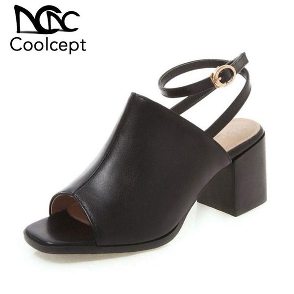 

coolcept summer women sandals peep toe solid color thick high heels shoes daily office lady footwear size 34-43, Black