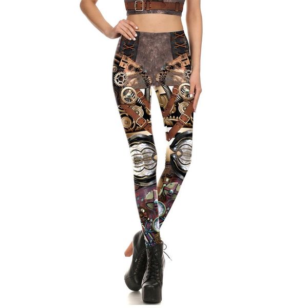

women's leggings retro steampunk women printed casual workout trousers elastic fitness pants punk mechanical bottoms plus size, Black