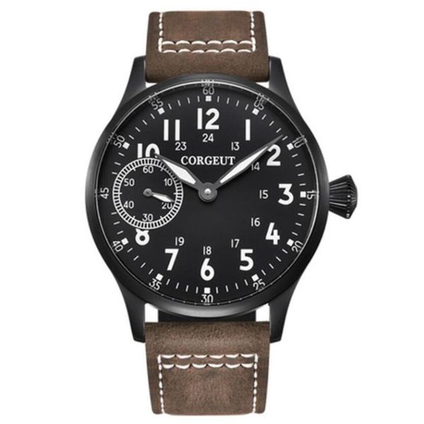 

wristwatches corgeut 44mm mens fashion mechanical watch black dial stainless case leather strap 6497 hand winding luminous, Slivery;brown