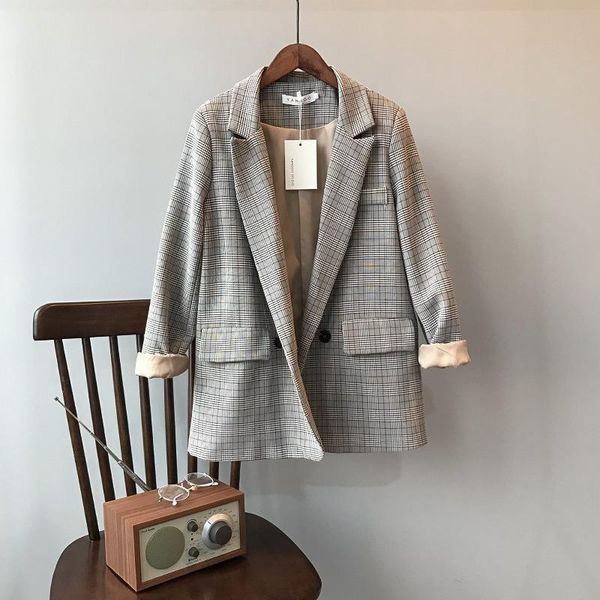 

autumn korean retro plaid suit jacket female loose casual blazer ol women blazers double breasted coat women's suits &, White;black