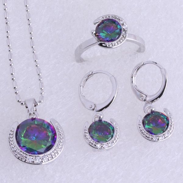 

earrings & necklace love monologue charming moon multicolour mystic crystal silver color pendant drop rings jewelry sets sh0222