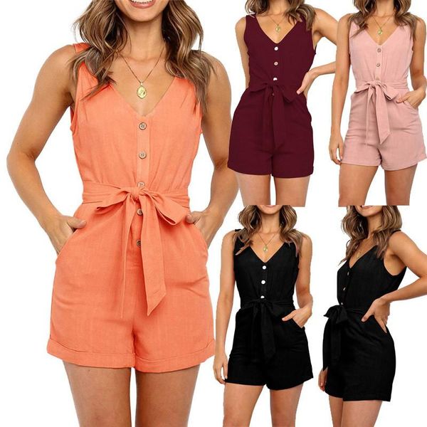 

women's jumpsuits & rompers leosoxs fashion deep v neck tunic solid belt buttons flaysuits summer ladies pocket bodycon, Black;white