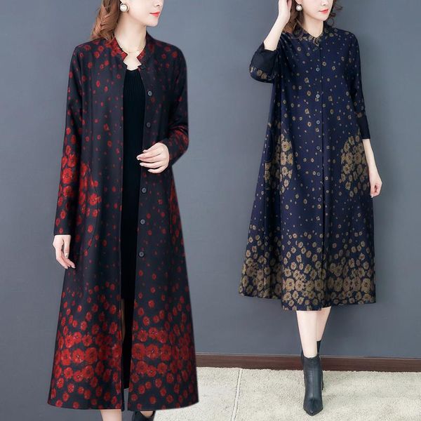 

women's trench coats zuoman 2021 spring autumn long sleeve printed loose big size shirt women blouse fashion party vestidos vintage, Tan;black