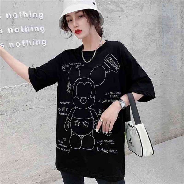 

harajuku women t-shirt mid-length heavy industry drilling female summer loose short-sleeved t-shirts 210507, White