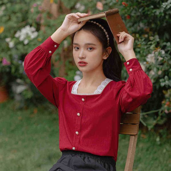 

women's blouses & shirts blouses spring arrival retro art pearl lace square neck long sleeve french style shirt if40, White