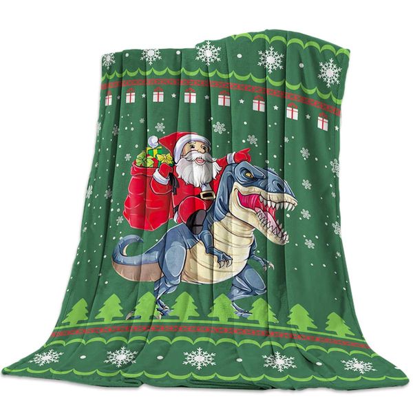 

Throw Blanket for Sofa Couch- Christmas Santa Claus Riding a Dinosaur Green 39 x 49 Inche Flannel Bed Blanket Lightweight