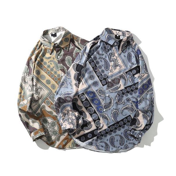 

men's casual shirts men shirt 2021 arrival spring and autumn trend loose flowers geometric patterns male thin chinese style s118, White;black