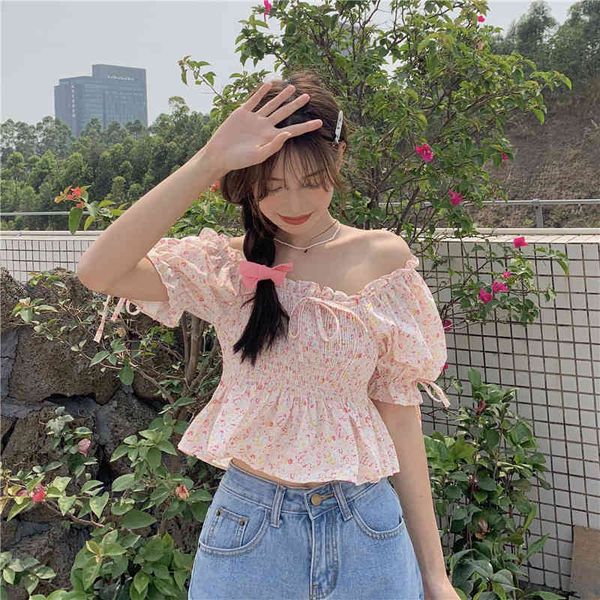 

japanese style causal slim elastic puff sleeve floral slash neck women fashion basic all match summer blouses 210522, White