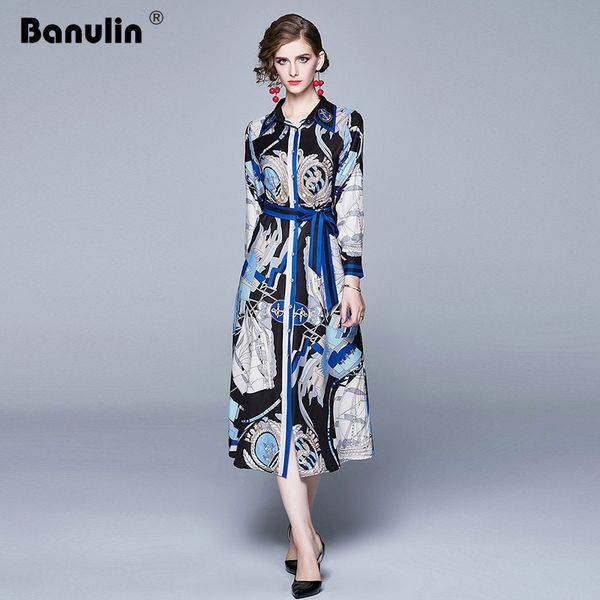 

banulin spring autumn dress women floral print elegant shirt designer runway bow sashes party es midi robe femme 210603, Black;gray