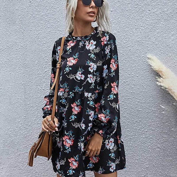 

casual dresses spring floral print women mini dress long sleeve high waist a-line female summer loose fashion ladies clothes et3c, Black;gray