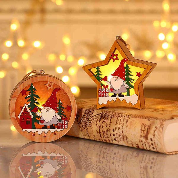 

christmas new santa claus forest wooden luminous pendant tree ornament round five pointed star pendant