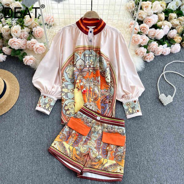 

women shorts stand neck lantern sleeve printing big size two piece set fashion loose spring summer 11d82 210525, White