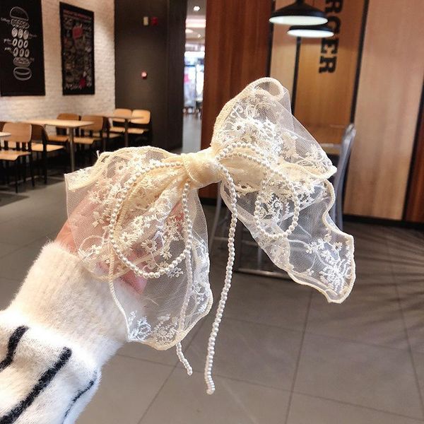 

hair accessories embroidered lace flower large bow clip for girls pearl chain bowknot hairpin fabric hairclip korean women