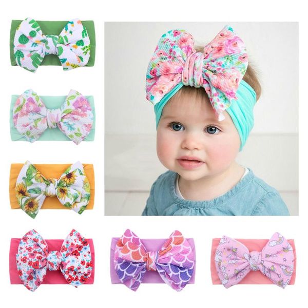 

hair accessories 2021 baby print fabric hairband girls big bow soft stretch floral printed turban wide brim headband, Slivery;white