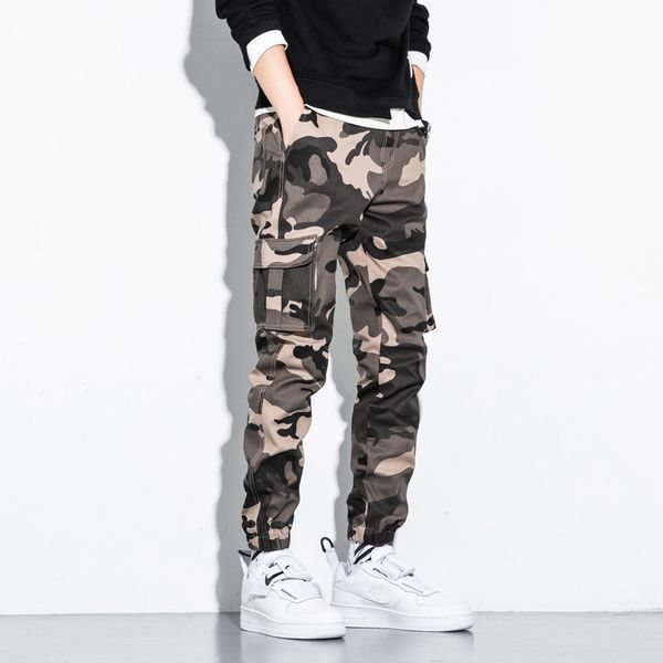 

men spring and autumn camouflage military pants men pockets drawstring casual loose fit full length cotton pencil pants men, Black
