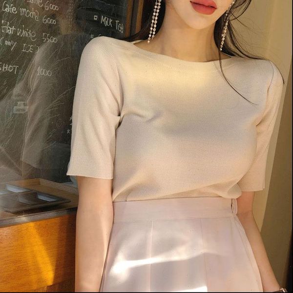 

women t shirts summer fashion short sleeve knitted drop, White